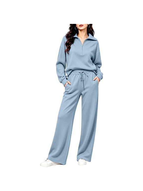 Women's 2 Piece Lounge Set Quarter Zip Pullover and Wide Leg Pants, Casual Fall Matching Outfit with Drawstring Waist and Pockets Tracksuit, S