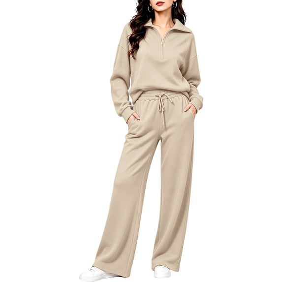 Women's 2 Piece Lounge Set Quarter Zip Pullover and Wide Leg Pants, Casual Fall Matching Outfit with Drawstring Waist and Pockets Tracksuit, S