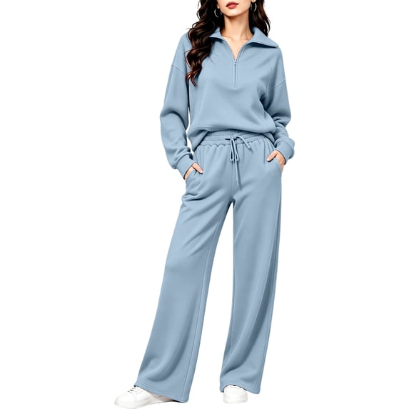 Women's 2 Piece Lounge Set Quarter Zip Pullover and Wide Leg Pants, Casual Fall Matching Outfit with Drawstring Waist and Pockets Tracksuit, XL