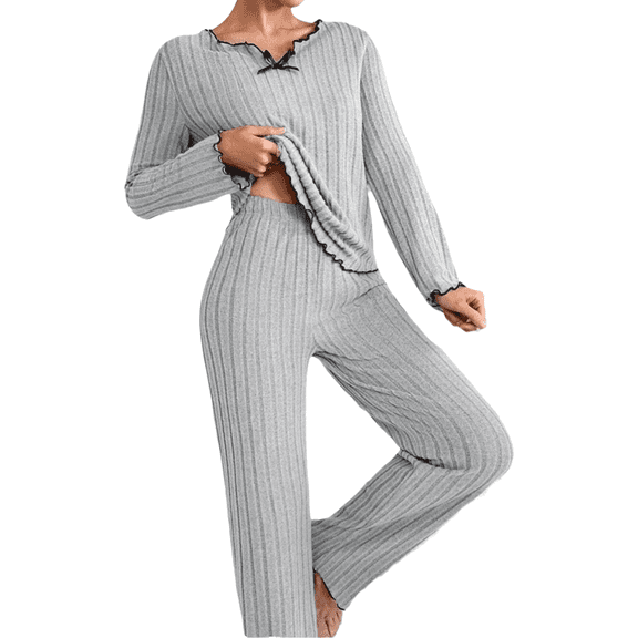 Women's 2 Piece Lounge Set Ribbed Pajamas Set Long Sleeve Sleepwear Fall Winter Loungewear Outfits Matching Clothes