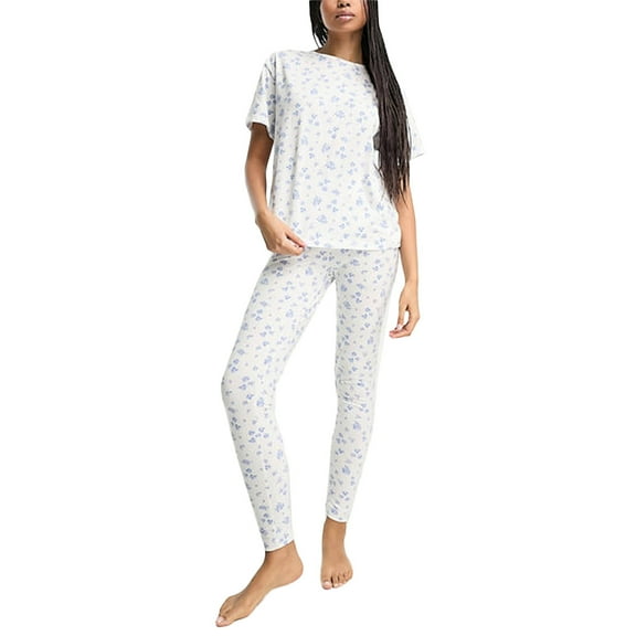 Women's 2 Piece Lounge Set Short Sleeve Crewneck Tops Casual Floral Pants Sleepwear Sets