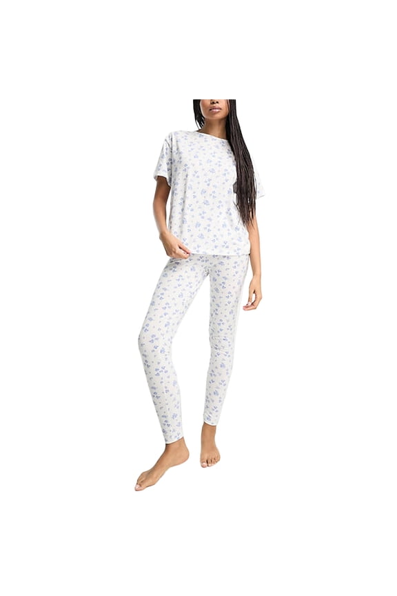 Women's 2 Piece Lounge Set Short Sleeve Crewneck Tops Casual Floral Pants Sleepwear Sets