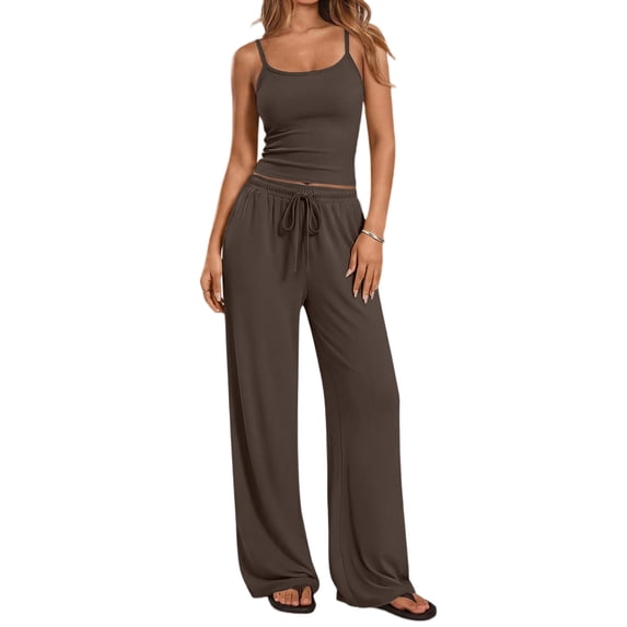 Women's 2 Piece Lounge Set Spring Outfits - Camisole Top & Wide Leg Pants Deep Coffee S