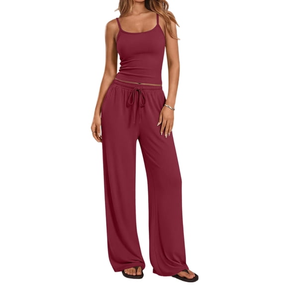 Women's 2 Piece Lounge Set Spring Outfits - Camisole Top & Wide Leg Pants Wine Red M