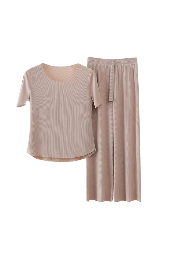 Women's 2 Piece Lounge Set Thin Short Sleeve Ice Silk Pajama Wide Leg Comfy Sleepwear Tracksuit 2025 Trendy