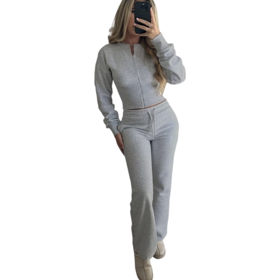 Women’s 2-Piece Lounge Set, Zip Up Cropped Sweatshirt + High-Waist Wide Leg Sweatpants, Soft Fleece Tracksuit, Casual Athleisure Outfit, Comfy Loungewear Matching Set for Home Travel Workout Daily We