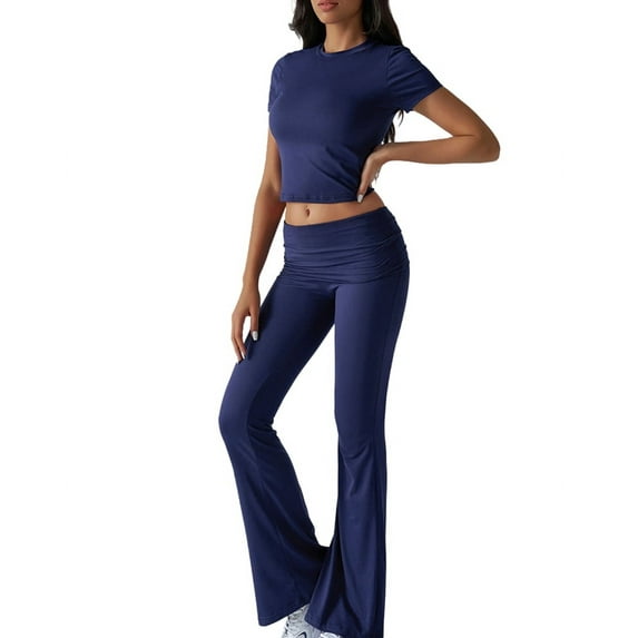 Women's 2-Piece Lounge Set with Ruched Short Sleeve Top and High-Waist Wide Leg Pants Navy Blue XL