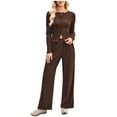 thumbnail image 1 of Women's 2 Piece Lounge Sets Basic Crew Neck Long Sleeve Button Down Tops Elastic Waist Wide Leg Lounge Long Pants Outfits, 1 of 7