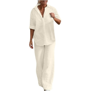 BLVB Women's 2 Piece Cotton Linen Outfit Casual Baggy Long Sleeve ...