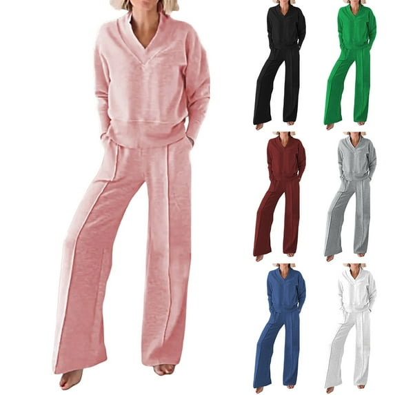 Women's 2 Piece Lounge Sets Casual Fall Travel Outfits Fashion Wide Leg Tracksuit V Neck Loungewear Baggy Comfy Sweatsuits