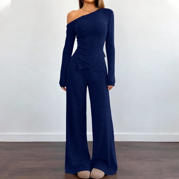 Women's 2 Piece Lounge Sets Casual Travel Airport Outfits One Shoulder Tops & Wide Leg Pants Matching Set