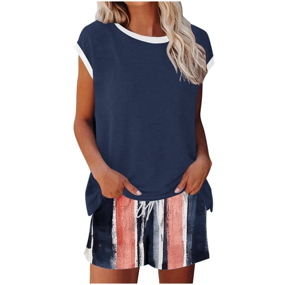 Women's 2 Piece Lounge Sets Crew Neck Short Sleeve T Shirts Drawstring Print Shorts Summer Comfy Outfits (L, Brown)