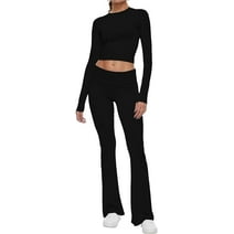 Women's 2 Piece Lounge Sets Fold-over Flare Pants Set Long Sleeve Cropped Top Casual Outfits Pajam