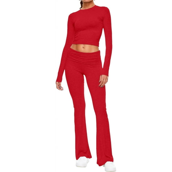 Women's 2 Piece Lounge Sets Fold-over Flare Pants Set Long Sleeve Cropped Top Casual Outfits Pajamas