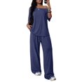 thumbnail image 1 of Women's 2 Piece Lounge Sets Off Shoulder Oversized Short Sleeve Tops Casual Wide Leg Pant Set Dark Blue M, 1 of 8
