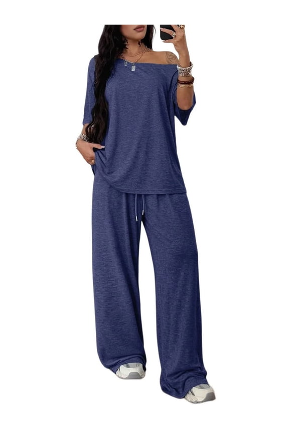 Women's 2 Piece Lounge Sets Off Shoulder Oversized Short Sleeve Tops Casual Wide Leg Pant Set Dark Blue XXL