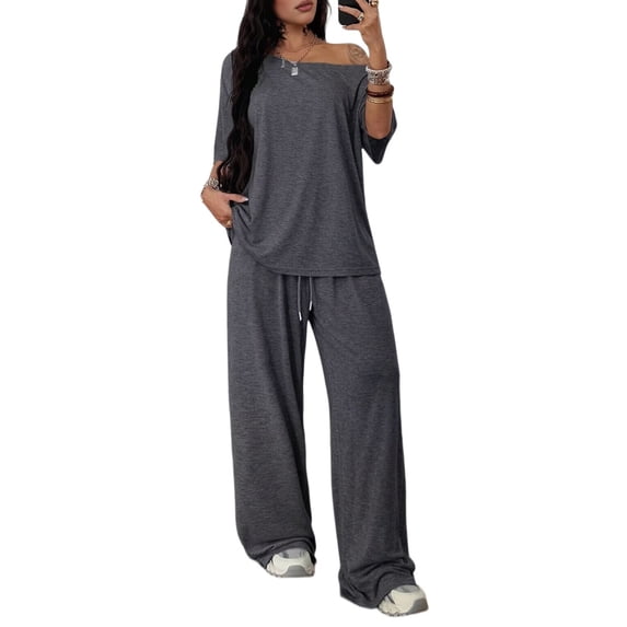 Women's 2 Piece Lounge Sets Off Shoulder Oversized Short Sleeve Tops Casual Wide Leg Pant Set Dark Gray L