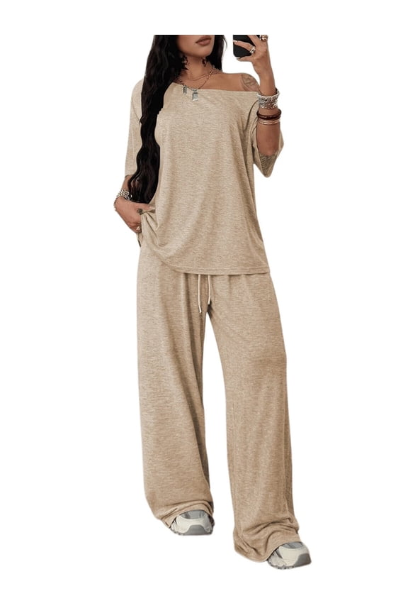 Women's 2 Piece Lounge Sets Off Shoulder Oversized Short Sleeve Tops Casual Wide Leg Pant Set Khaki S