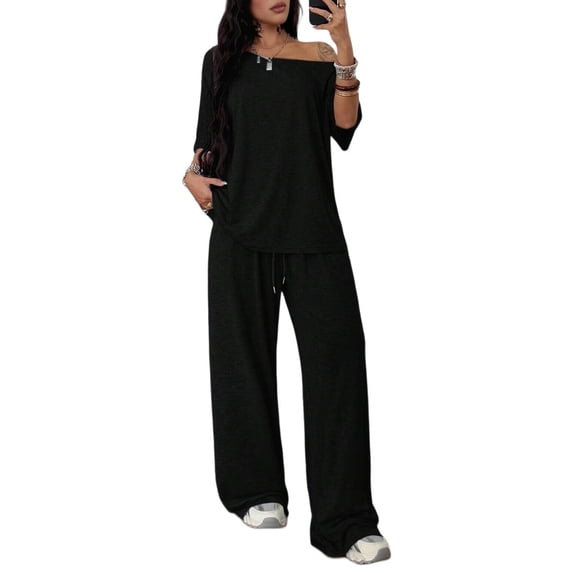 Women's 2 Piece Lounge Sets Off Shoulder Oversized Short Sleeve Tops Casual Wide Leg Pant Set