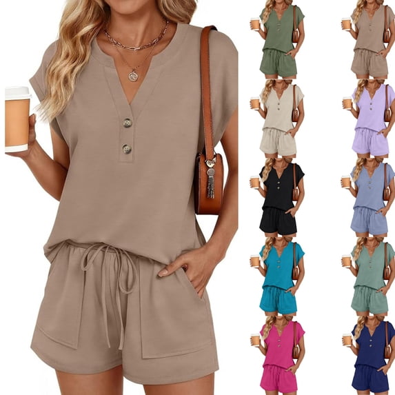 Women's 2 Piece Lounge Sets Oversized Henley Top & Shorts,Soft Rayon Wrinkle Resistant Travel Outfits with Pockets,Khaki S