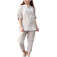 thumbnail image 1 of Women's 2 Piece Lounge Sets Oversized Loose Casual Outfits Latter 3/4 Sleeve Collar V Neck Shirts Straight Wide Leg Pants, Beige, XL, 1 of 5