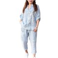 thumbnail image 1 of Women's 2 Piece Lounge Sets Oversized Loose Casual Outfits Latter 3/4 Sleeve Collar V Neck Shirts Straight Wide Leg Pants, Light Blue, S, 1 of 5