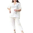 thumbnail image 1 of Women's 2 Piece Lounge Sets Oversized Loose Casual Outfits Latter 3/4 Sleeve Collar V Neck Shirts Straight Wide Leg Pants, White, L, 1 of 5