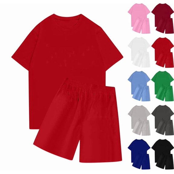 Women's 2 Piece Lounge Sets Short Sleeve T-Shirt and Drawstring Shorts Casual Pajamas Vacation Outfits with Pockets Red S