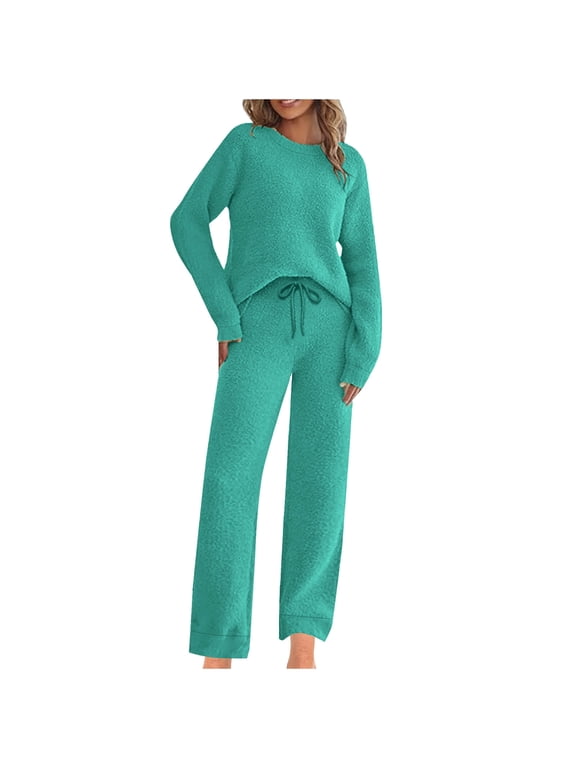 Women's 2 Piece Lounge Sets Soft Fuzzy Fleece Cozy Sweatsuits Comfort Casual Fall Winter Travel Pajamas Outfits