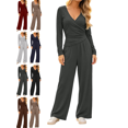 thumbnail image 1 of Women's 2 Piece Lounge Sets Solid Casual Wide Leg Pants Long Sleeve V Neck Top Workout Gym Clothing Comfy, 1 of 7