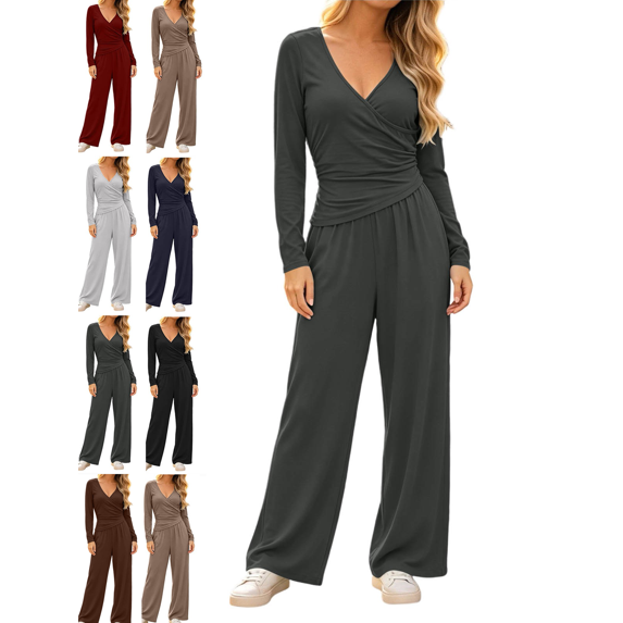 Women's 2 Piece Lounge Sets Solid Casual Wide Leg Pants Long Sleeve V Neck Top Workout Gym Clothing Comfy