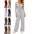 thumbnail image 1 of Women's 2 Piece Lounge Sets Solid Casual Wide Leg Pants Long Sleeve V Neck Top Workout Gym Clothing Comfy, 1 of 7