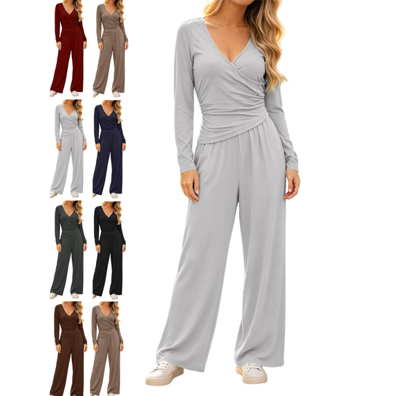 Women's 2 Piece Lounge Sets Solid Casual Wide Leg Pants Long Sleeve V Neck Top Workout Gym Clothing Comfy