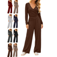thumbnail image 1 of Women's 2 Piece Lounge Sets Solid Casual Wide Leg Pants Long Sleeve V Neck Top Workout Gym Clothing Comfy, 1 of 7