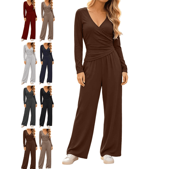 Women's 2 Piece Lounge Sets Solid Casual Wide Leg Pants Long Sleeve V Neck Top Workout Gym Clothing Comfy