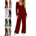 thumbnail image 1 of Women's 2 Piece Lounge Sets Solid Casual Wide Leg Pants Long Sleeve V Neck Top Workout Gym Clothing Comfy, 1 of 7