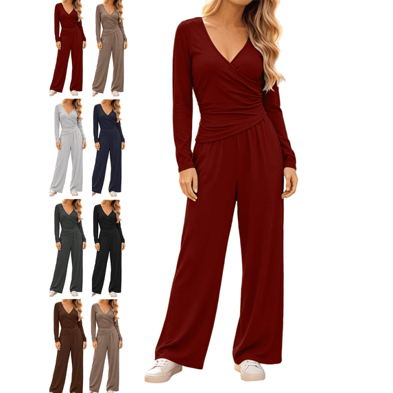 Women's 2 Piece Lounge Sets Solid Casual Wide Leg Pants Long Sleeve V Neck Top Workout Gym Clothing Comfy