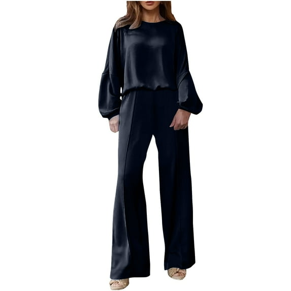 Women's 2 Piece Lounge Sets Solid Color Pullover Tops Wide Pants Puff Long Sleeve Sweatsuit Loose Jogger Tracksuit (Navy M)