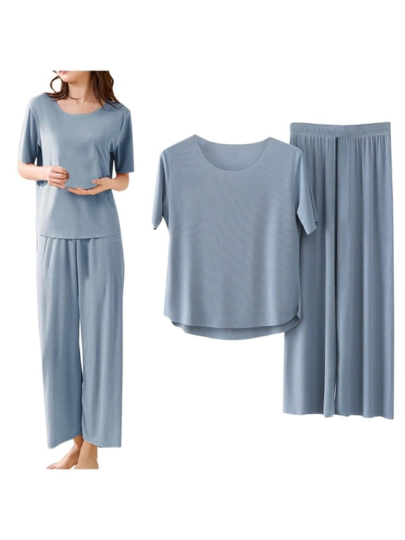 Women's 2 Piece Lounge Sets Solid Short Sleeve Top & Wide Leg Cropped Pants Soft Ribbed Cotton Casual Sleepwear Pajama Sets for Summer Blue L