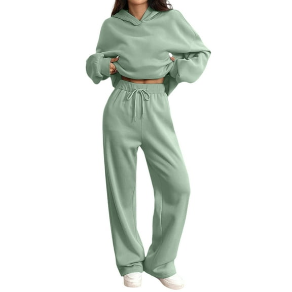 Women's 2 Piece Lounge Sweatsuit Set Long Sleeve Hoodie Baggy Wide Leg Sweatpants Outfit Army Green L