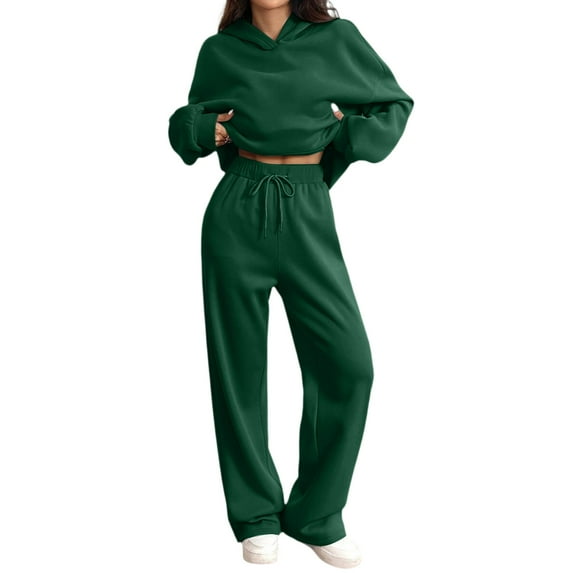 Women's 2 Piece Lounge Sweatsuit Set Long Sleeve Hoodie Baggy Wide Leg Sweatpants Outfit Dark Green M