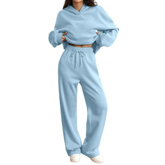 Women's 2 Piece Lounge Sweatsuit Set Long Sleeve Hoodie Baggy Wide Leg Sweatpants Outfit Sky Blue M