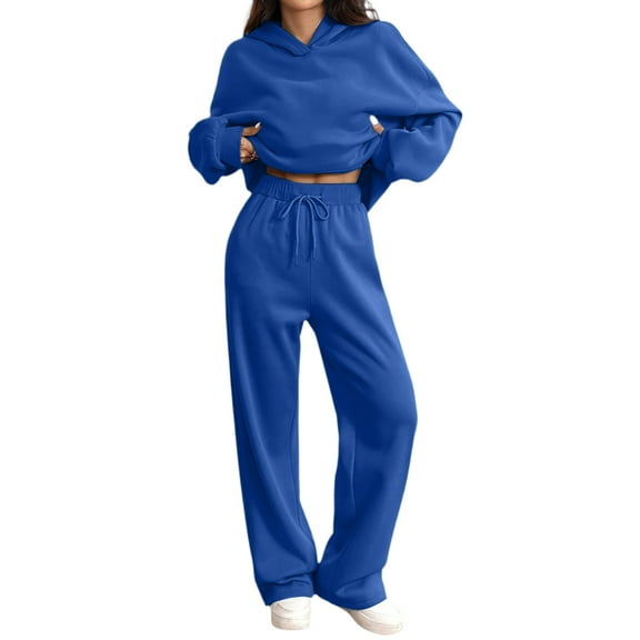 Women's 2 Piece Lounge Sweatsuit Set Oversized Hoodie Wide Leg Sweatpants Casual Outfit With Pockets Blue S