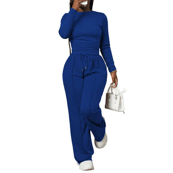 Women's 2 Piece Lounge Tracksuit Soft Comfy Crew Neck Long Sleeve Ruched Top High Waist Wide Leg Pants Casual Vacation Travel Loungewear Blue S