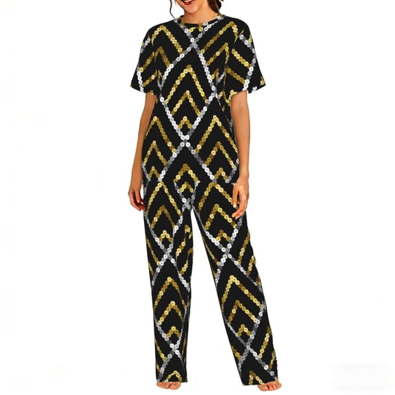 Women's 2 Piece Loungewear Pajama Set Short Sleeve Tee Top and Pants Set, Golden Sequin Glitter Geometric