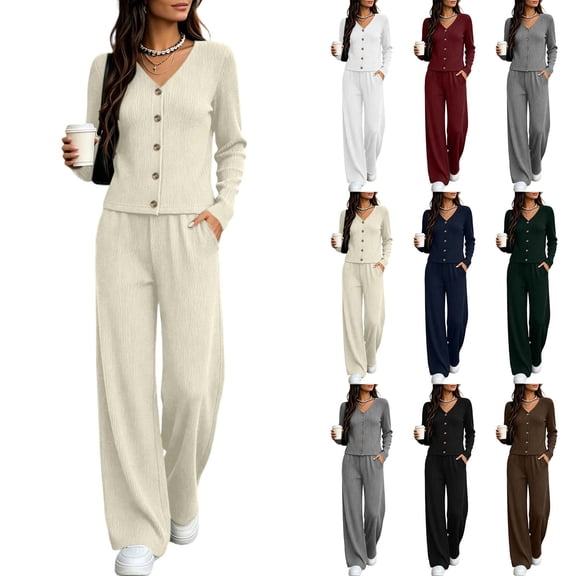 Women's 2 Piece Loungewear Set Casual Fall Outfits Women's Long Sleeve V Neck Button-Front Top and Matching Pants Casual Matching Sets