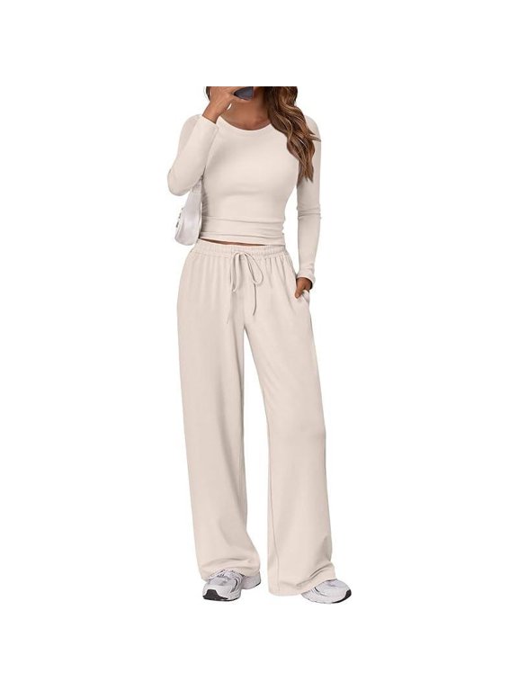 Women's 2 Piece Loungewear Set, Long Sleeve Crew Neck Fitted Top & Drawstring Wide Leg Pants with Pockets, Soft Casual Matching Outfit Set for Women