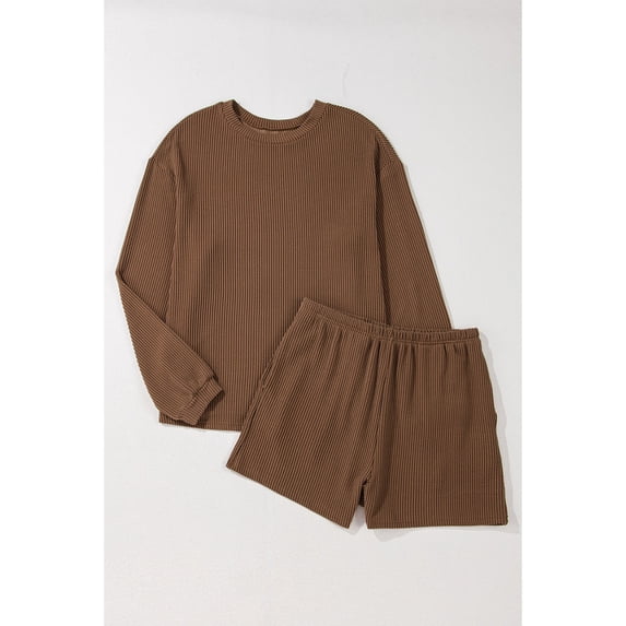 Women's 2 Piece Loungewear Set Long Sleeve Crew Neck Oversized Tops Drawstring Shorts, Ribbed Knit Casual Daily Wear Brown S