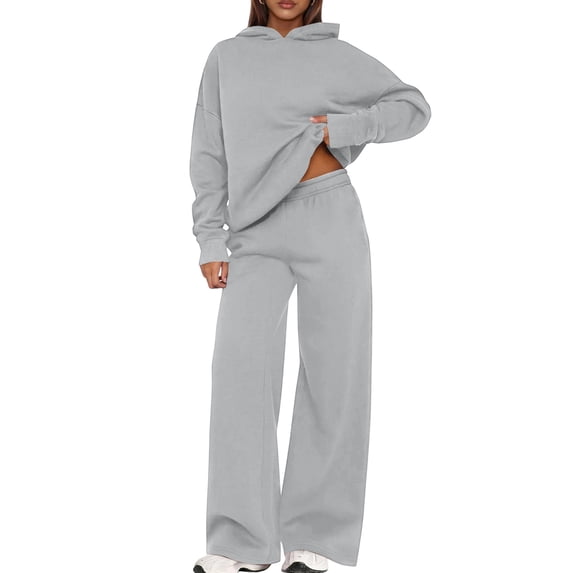 Women's 2 Piece Loungewear Set, Loose Hooded Sweatshirt High Waist Wide Leg Pants, Solid Color Casual Tracksuit for Home Wear Daily Outfits 08-Light Gray S