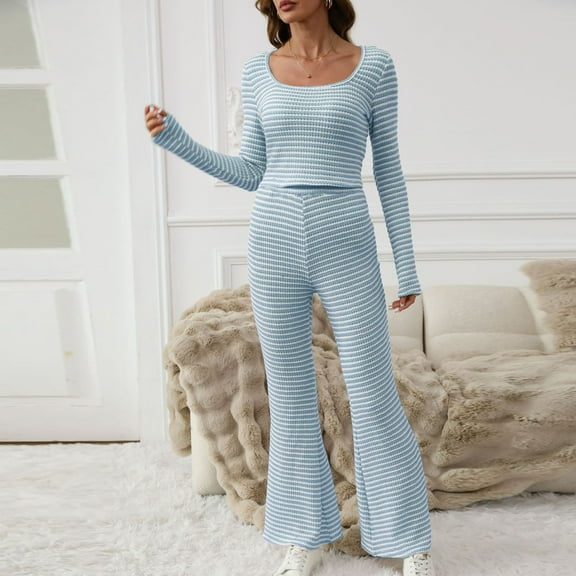 Women's 2 Piece Loungewear Sets Casual Striped Long Sleeve Crop Top Flare Pants Matching Pajamas Tracksuit Outfits New Women's Comfort Airport Travel Outfits Blue M